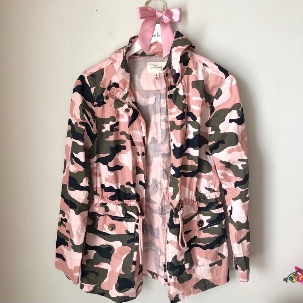 Boutique Forme Pink Green Camo Cotton Hooded Military Style Utility Jacket Small